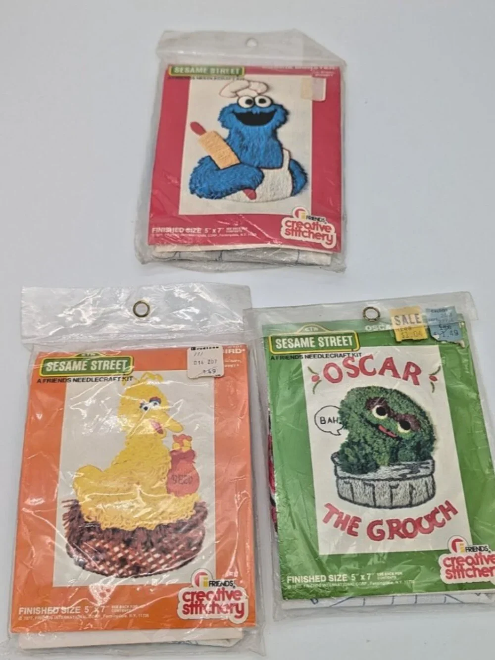 1977 Sesame Street Oscar, Big Bird, & Cookie Monster Needlecraft Kits-3 in Lot